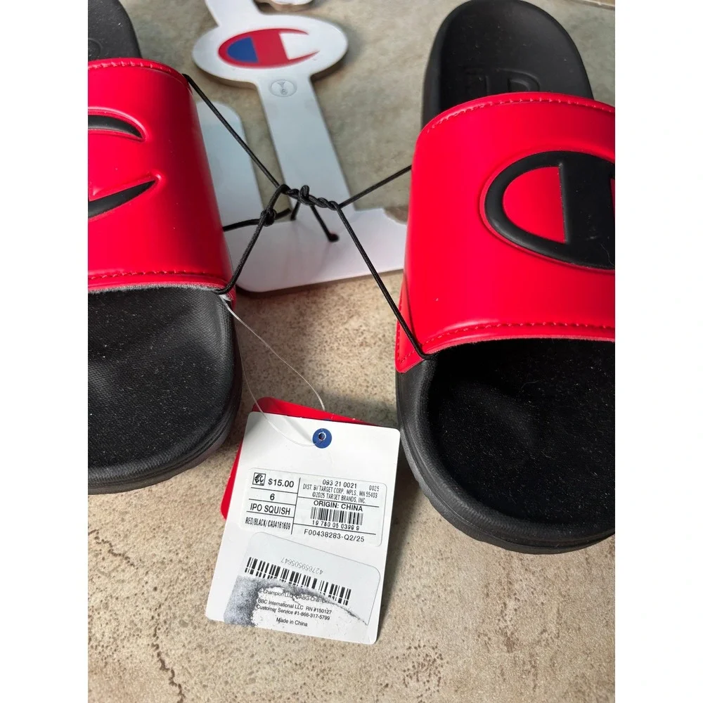 Champion IPO Slides Red Black Big C Logo Athletic Sandals Men Youth Size 6